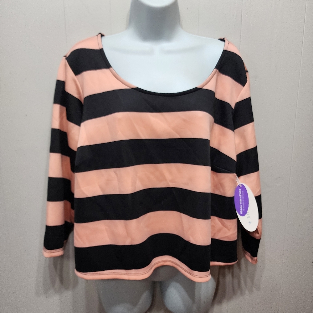 NWT Ashley Nell Tipton Blouse 1X Long Sleeve Striped Pink Black‎ Casual B904